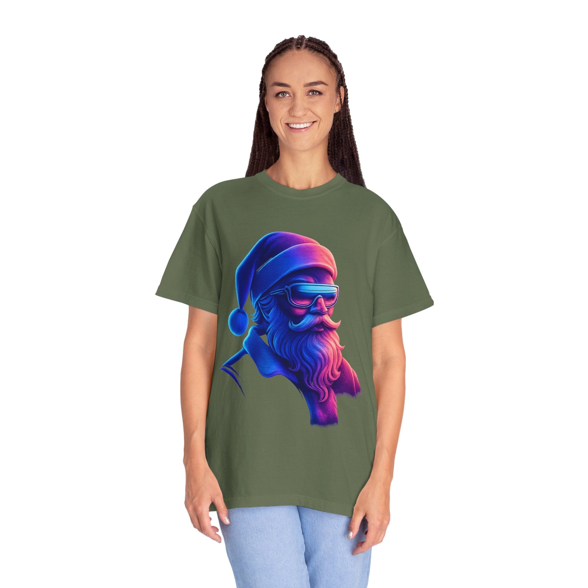 Festive Fusion: Digital Holiday Portrait, Stylized Cyberpunk Santa T-shirt – Custom T-Shirt by PixelCraft360, unique decoration for events and special gifts