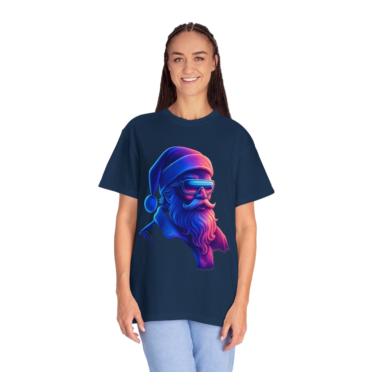 Festive Fusion: Digital Holiday Portrait, Stylized Cyberpunk Santa T-shirt – Custom T-Shirt by PixelCraft360, unique decoration for events and special gifts