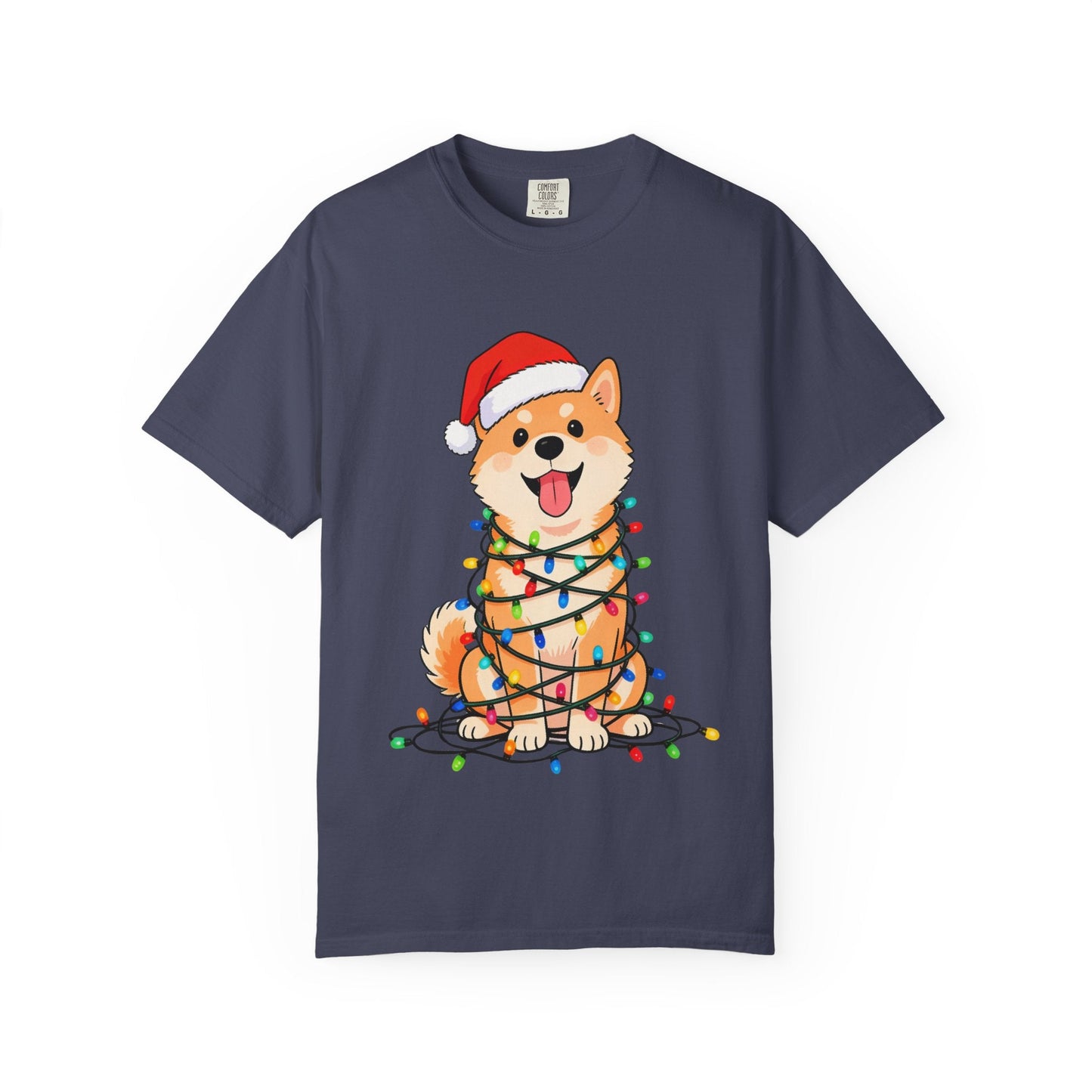 Festive Fuzzy Glow: Holiday Shiba Delight, Digital Christmas Illustration T-shirt – Custom T-Shirt by PixelCraft360, unique decoration for events and special gifts