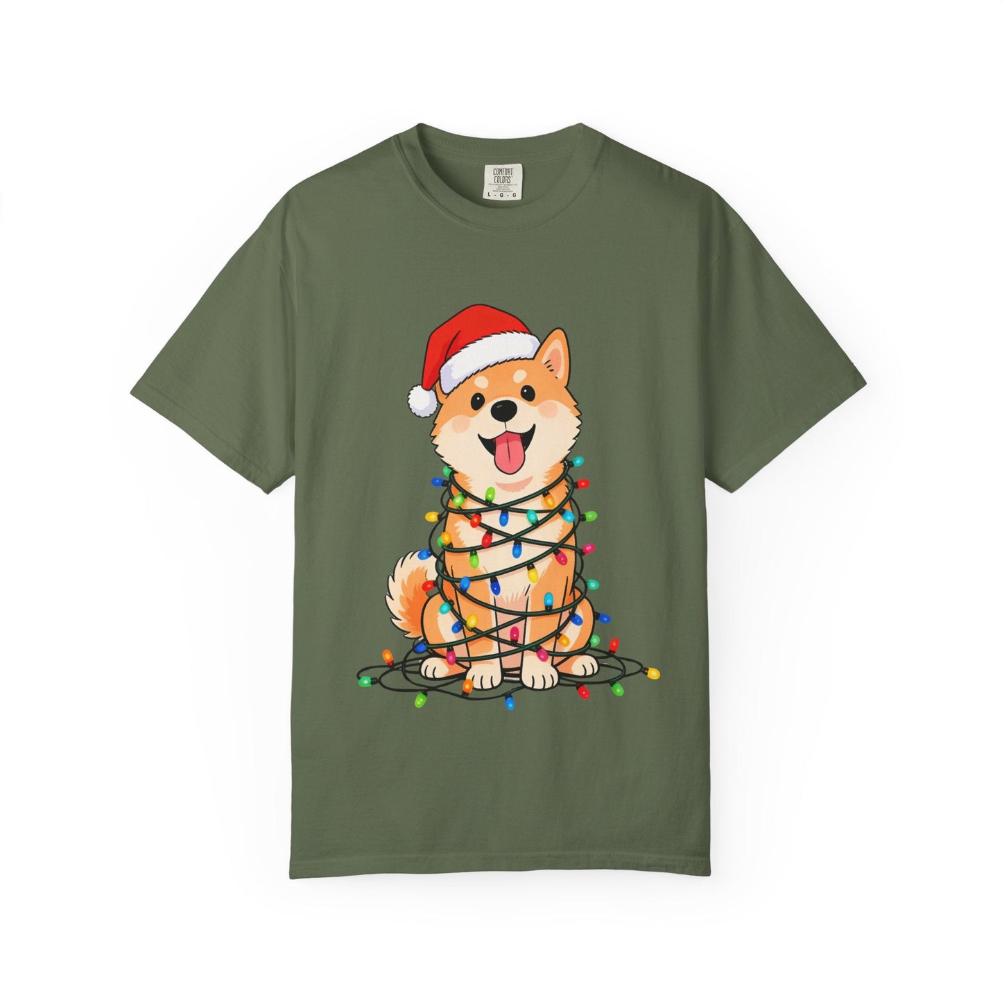 Festive Fuzzy Glow: Holiday Shiba Delight, Digital Christmas Illustration T-shirt – Custom T-Shirt by PixelCraft360, unique decoration for events and special gifts