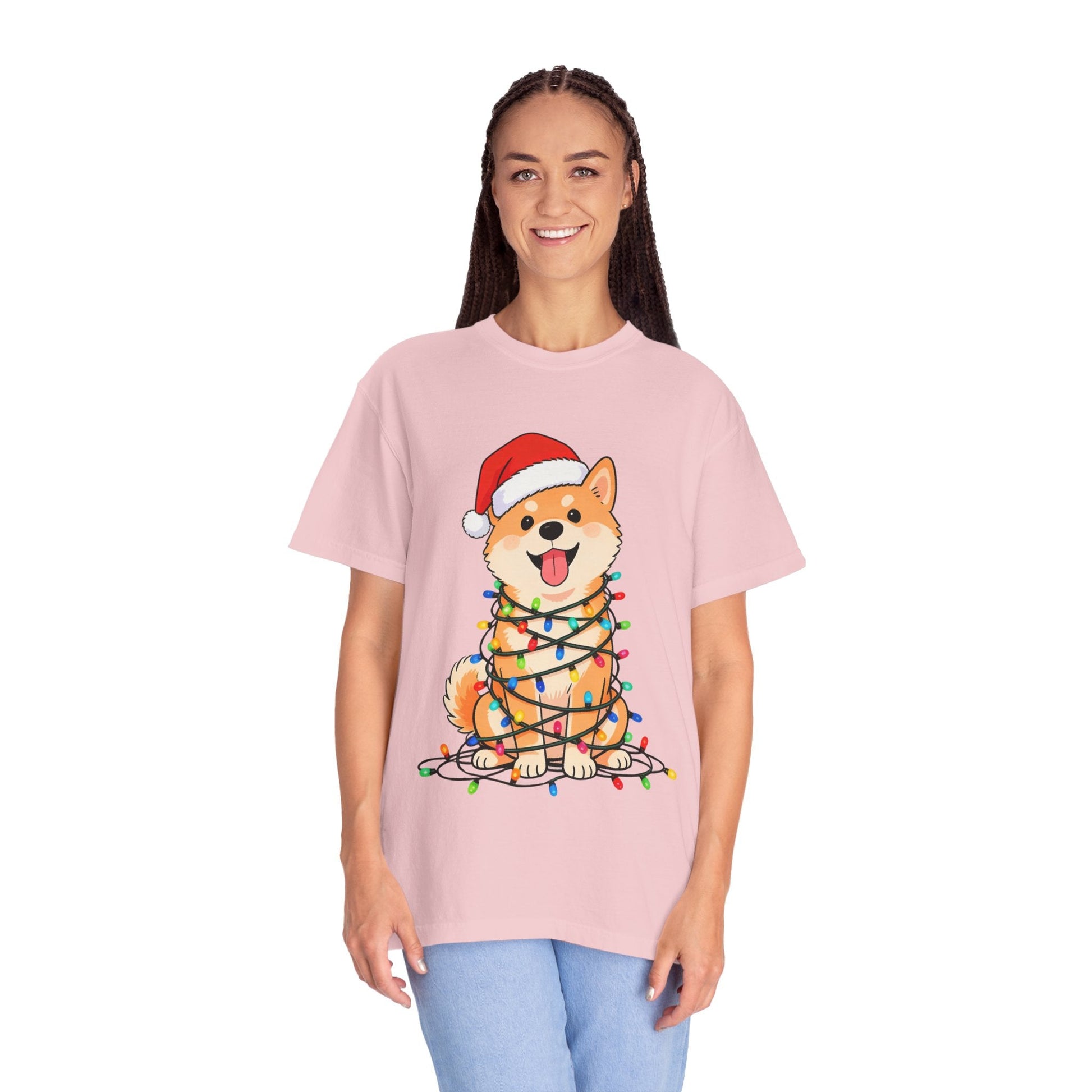 Festive Fuzzy Glow: Holiday Shiba Delight, Digital Christmas Illustration T-shirt – Custom T-Shirt by PixelCraft360, unique decoration for events and special gifts