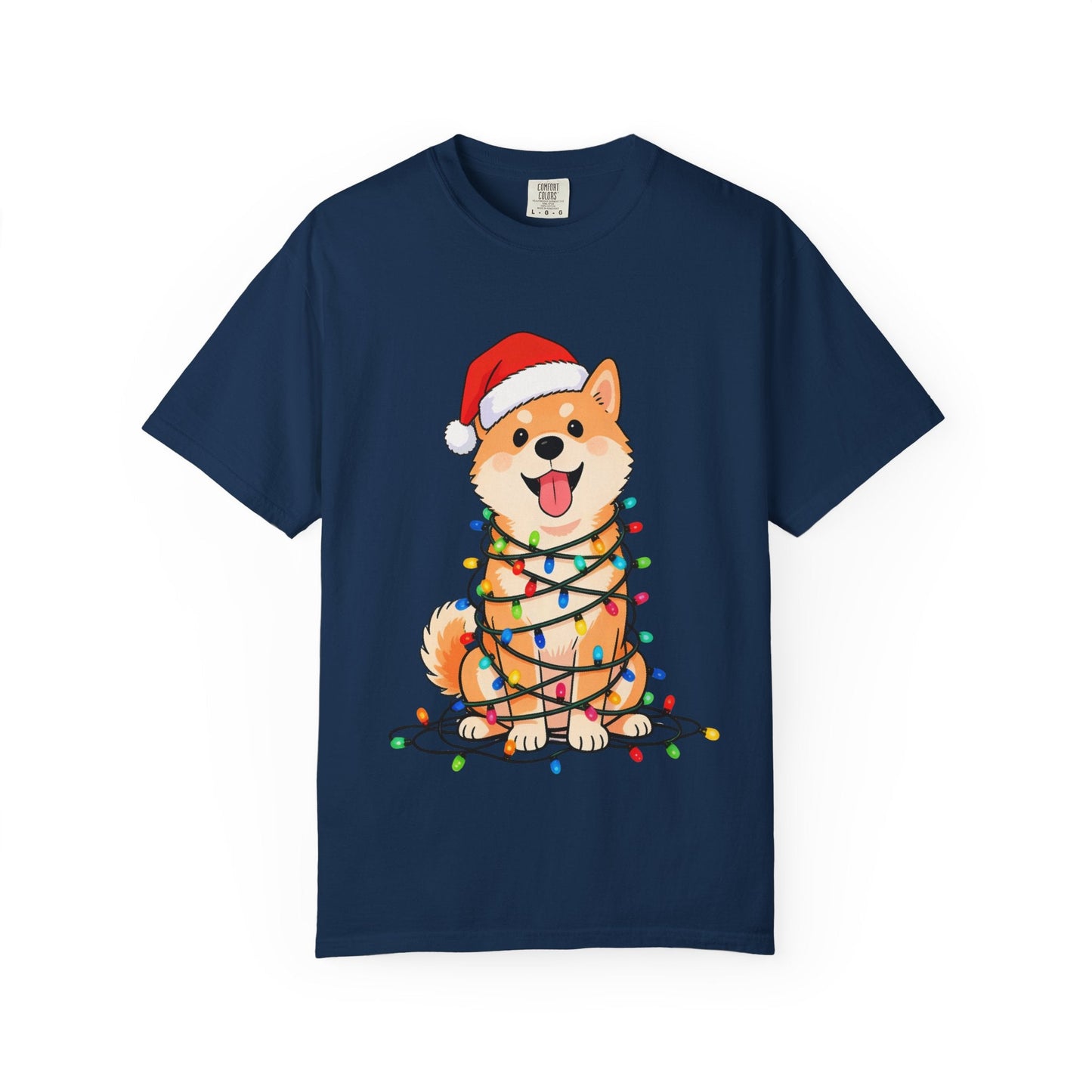 Festive Fuzzy Glow: Holiday Shiba Delight, Digital Christmas Illustration T-shirt – Custom T-Shirt by PixelCraft360, unique decoration for events and special gifts