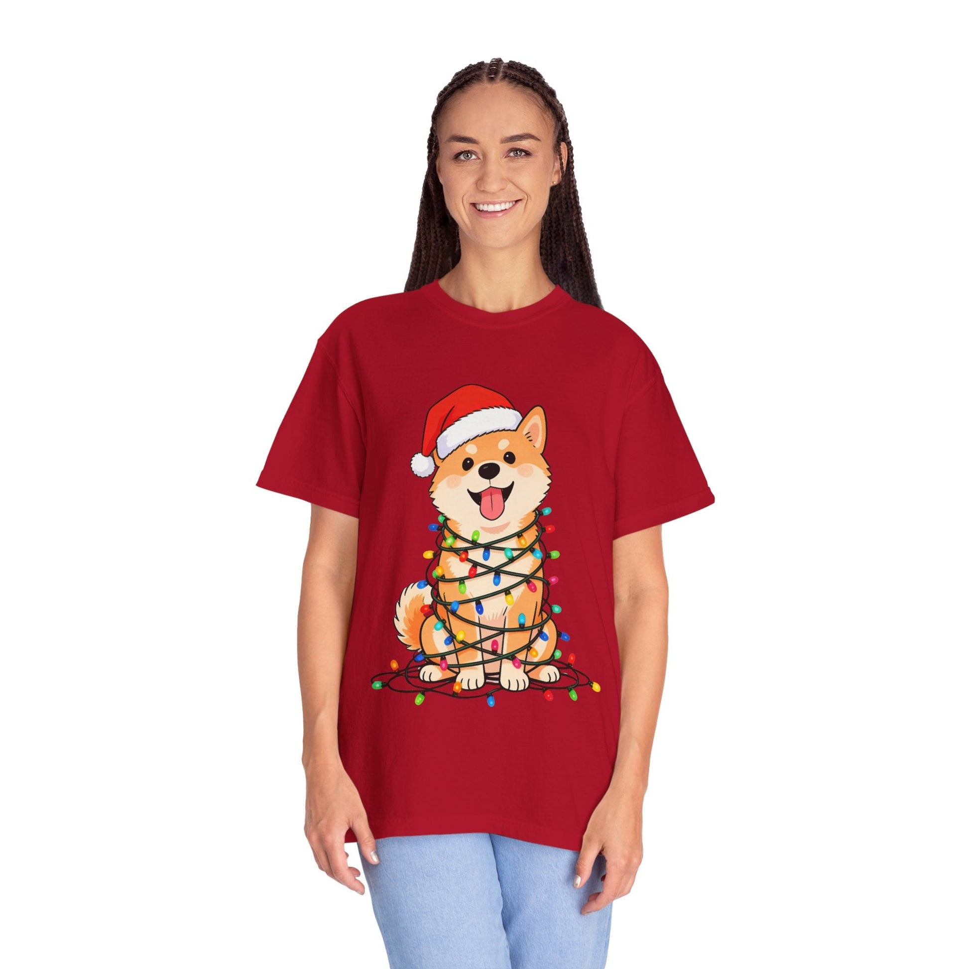 Festive Fuzzy Glow: Holiday Shiba Delight, Digital Christmas Illustration T-shirt – Custom T-Shirt by PixelCraft360, unique decoration for events and special gifts