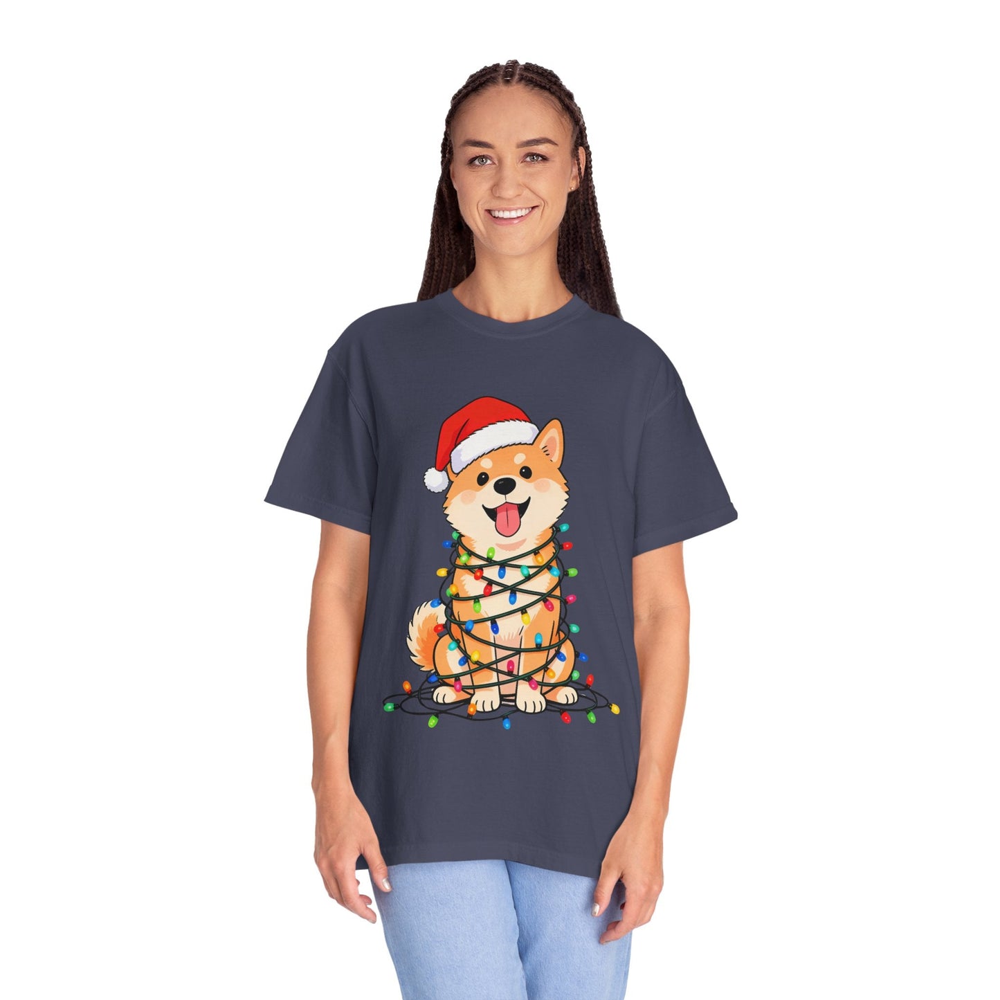 Festive Fuzzy Glow: Holiday Shiba Delight, Digital Christmas Illustration T-shirt – Custom T-Shirt by PixelCraft360, unique decoration for events and special gifts