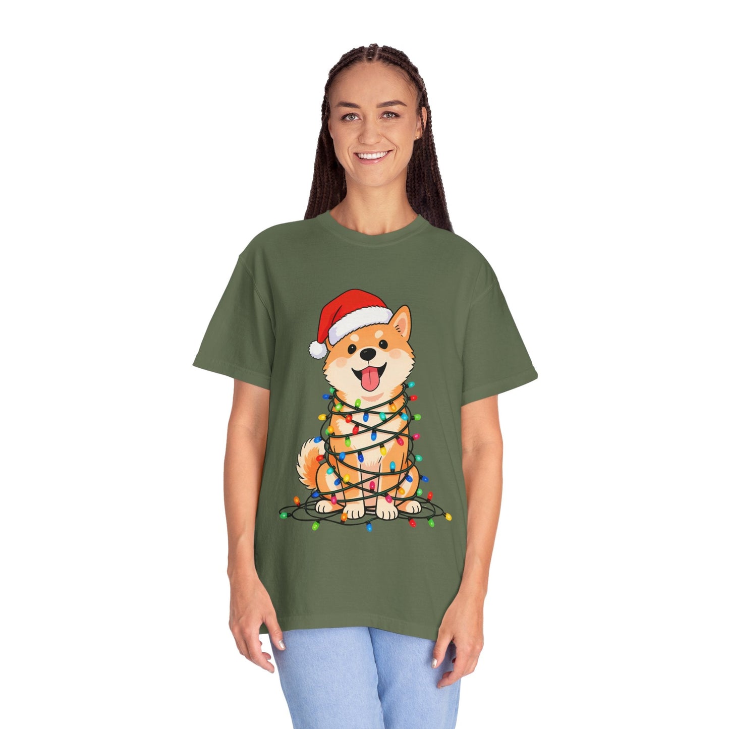 Festive Fuzzy Glow: Holiday Shiba Delight, Digital Christmas Illustration T-shirt – Custom T-Shirt by PixelCraft360, unique decoration for events and special gifts