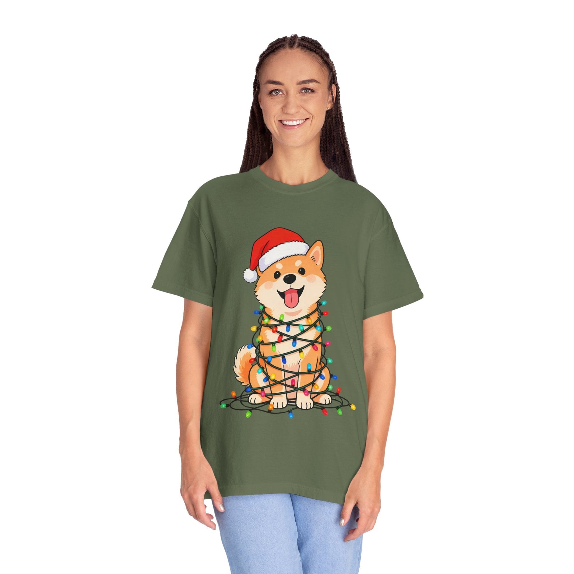 Festive Fuzzy Glow: Holiday Shiba Delight, Digital Christmas Illustration T-shirt – Custom T-Shirt by PixelCraft360, unique decoration for events and special gifts