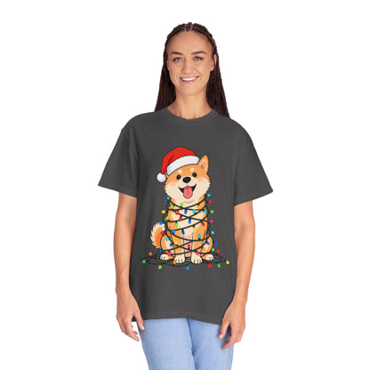 Festive Fuzzy Glow: Holiday Shiba Delight, Digital Christmas Illustration T-shirt – Custom T-Shirt by PixelCraft360, unique decoration for events and special gifts