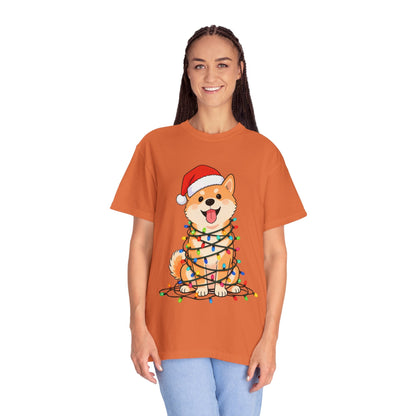 Festive Fuzzy Glow: Holiday Shiba Delight, Digital Christmas Illustration T-shirt – Custom T-Shirt by PixelCraft360, unique decoration for events and special gifts