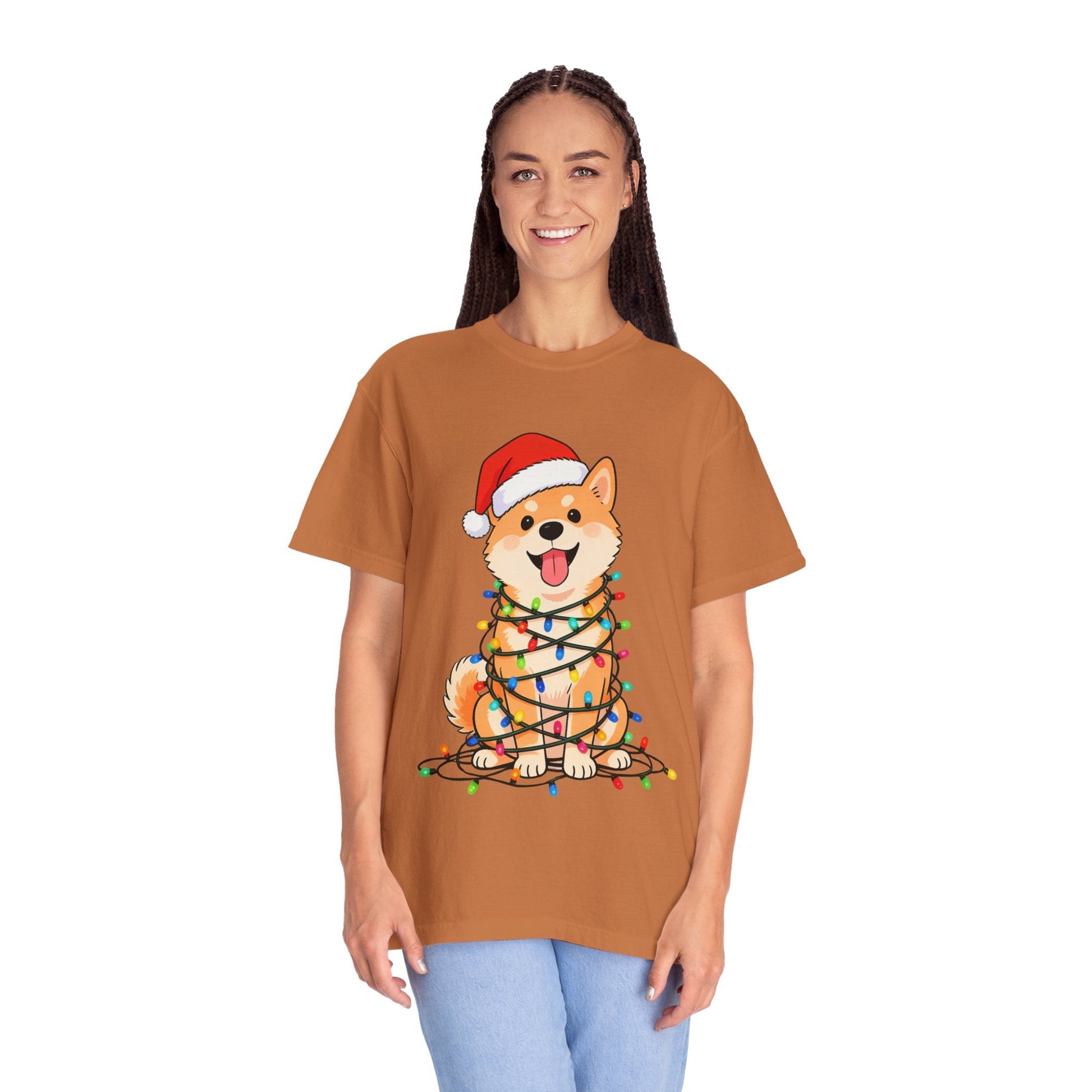 Festive Fuzzy Glow: Holiday Shiba Delight, Digital Christmas Illustration T-shirt – Custom T-Shirt by PixelCraft360, unique decoration for events and special gifts