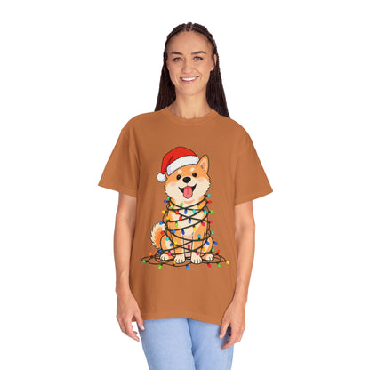 Festive Fuzzy Glow: Holiday Shiba Delight, Digital Christmas Illustration T-shirt – Custom T-Shirt by PixelCraft360, unique decoration for events and special gifts