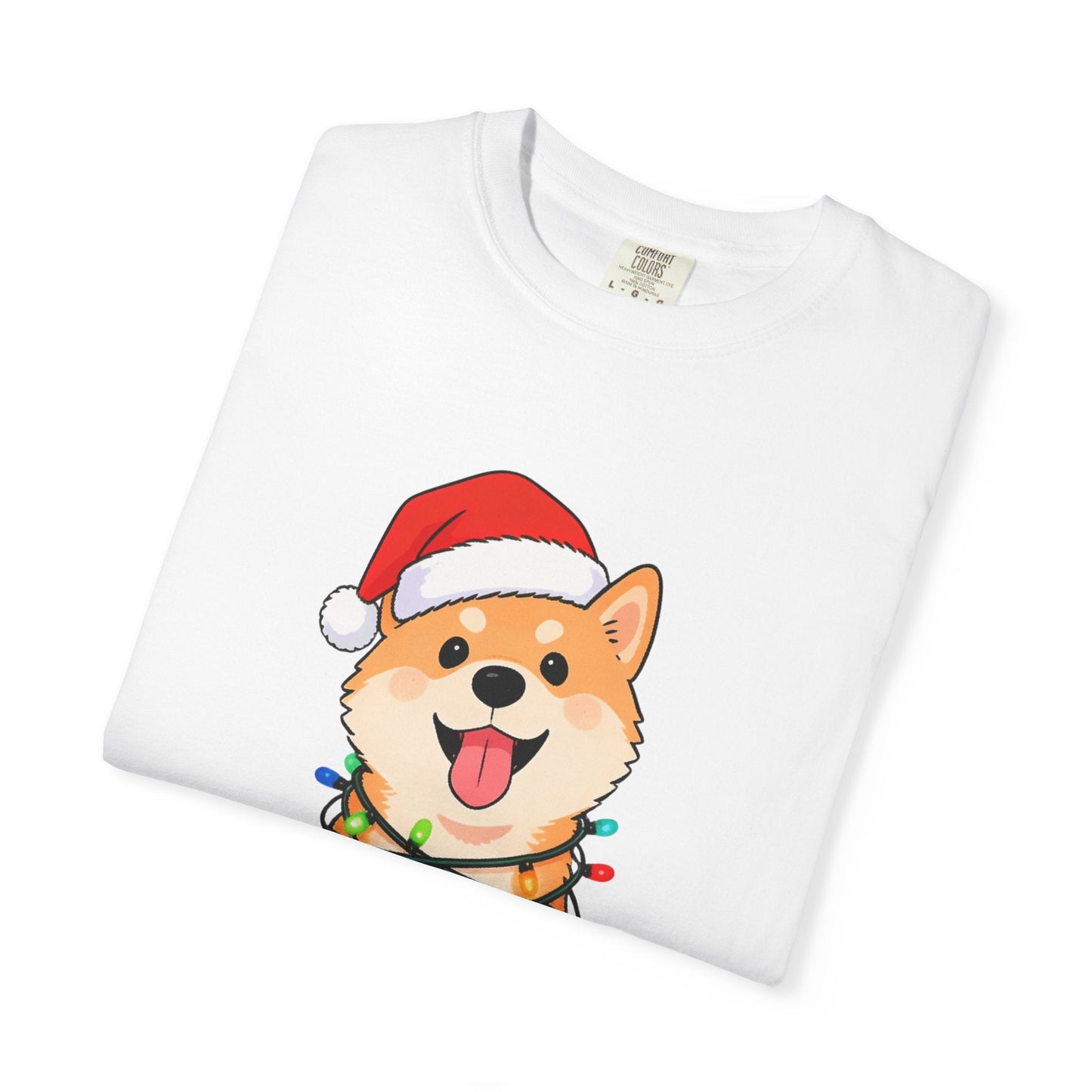 Festive Fuzzy Glow: Holiday Shiba Delight, Digital Christmas Illustration T-shirt – Custom T-Shirt by PixelCraft360, unique decoration for events and special gifts