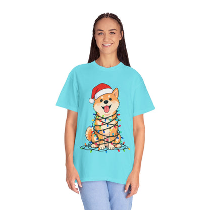 Festive Fuzzy Glow: Holiday Shiba Delight, Digital Christmas Illustration T-shirt – Custom T-Shirt by PixelCraft360, unique decoration for events and special gifts