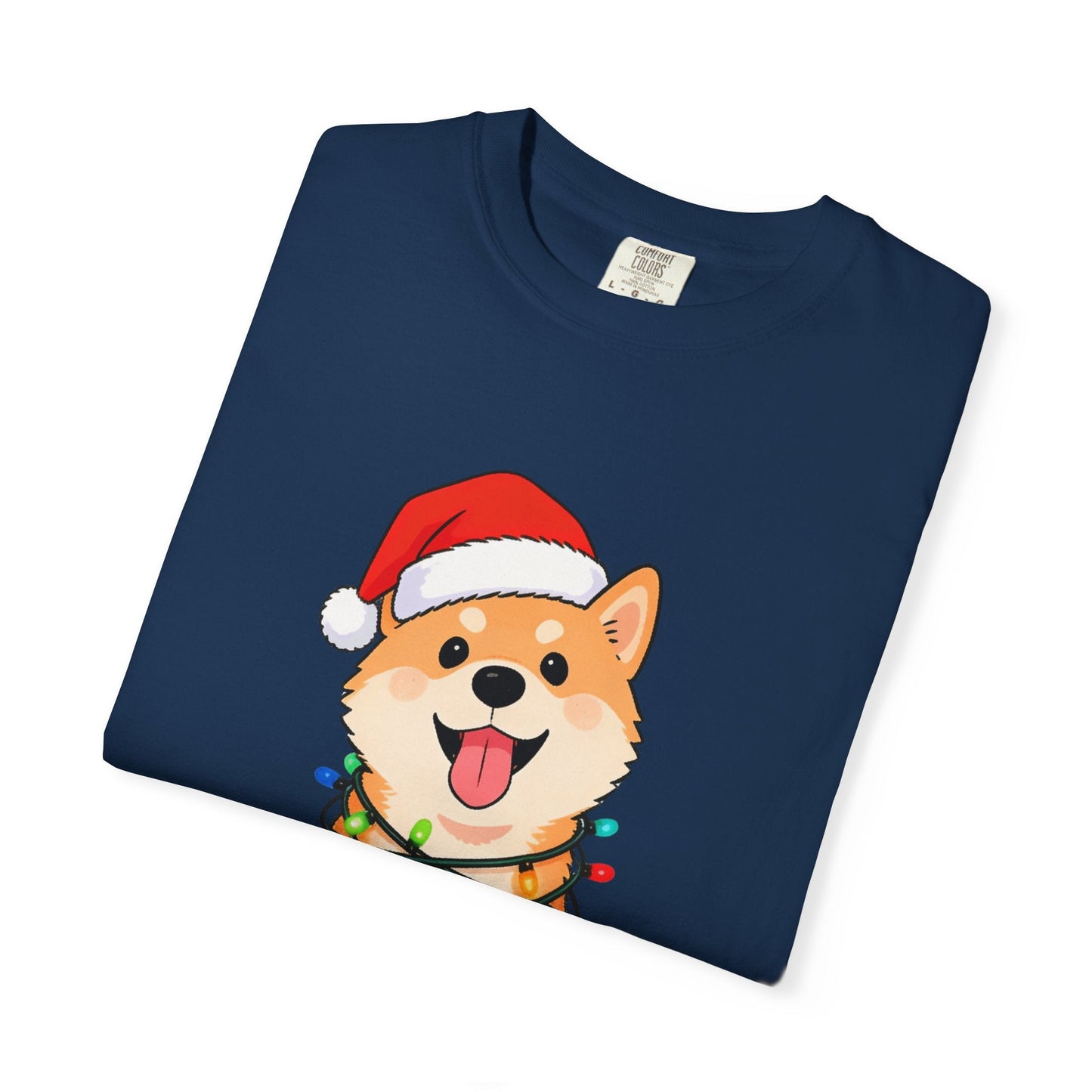Festive Fuzzy Glow: Holiday Shiba Delight, Digital Christmas Illustration T-shirt – Custom T-Shirt by PixelCraft360, unique decoration for events and special gifts
