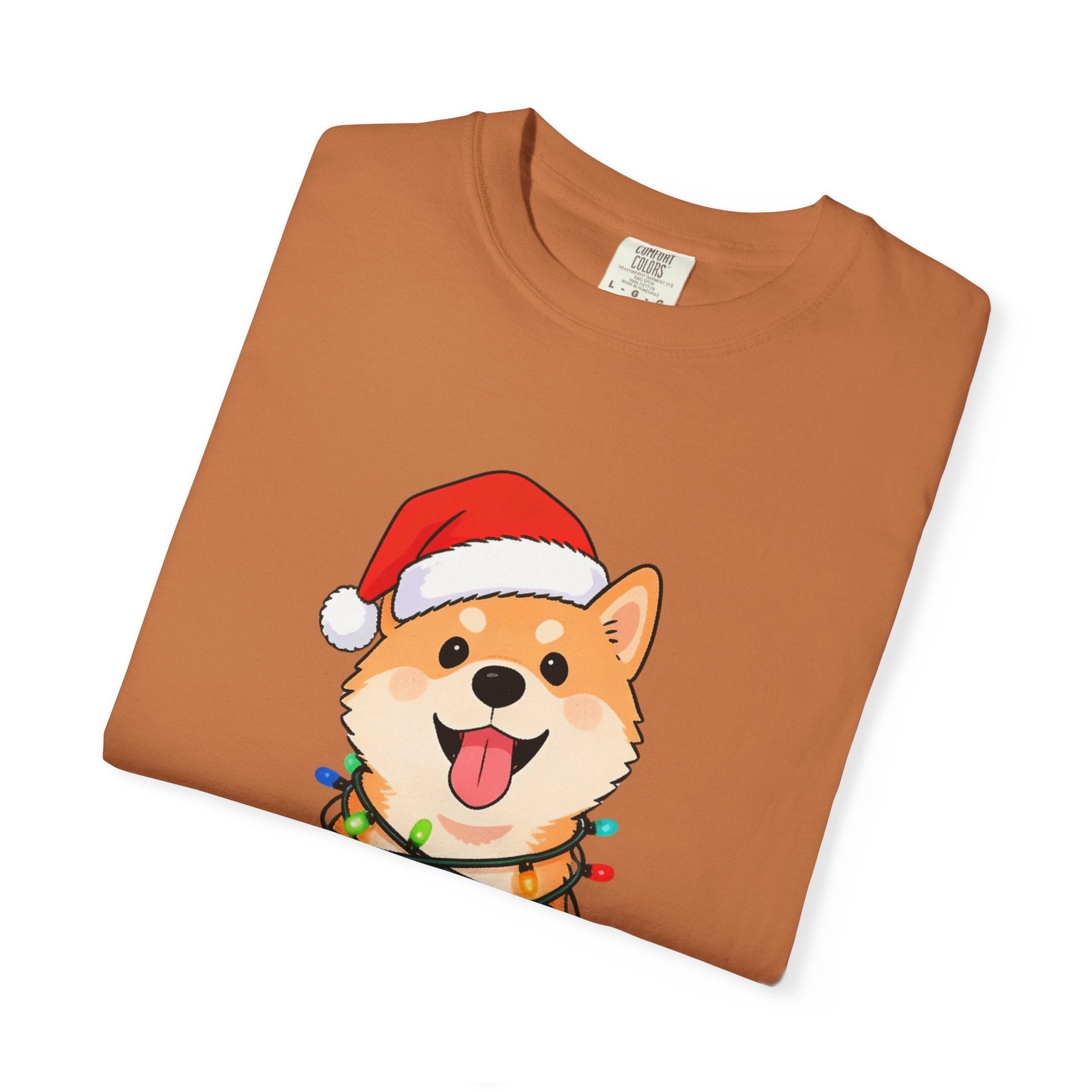 Festive Fuzzy Glow: Holiday Shiba Delight, Digital Christmas Illustration T-shirt – Custom T-Shirt by PixelCraft360, unique decoration for events and special gifts