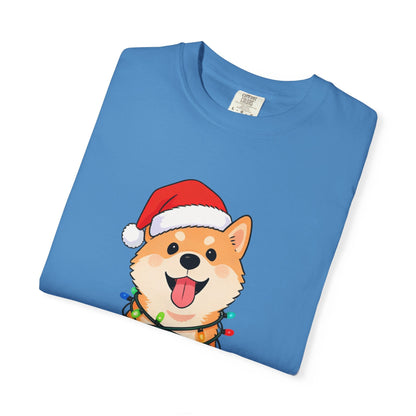 Festive Fuzzy Glow: Holiday Shiba Delight, Digital Christmas Illustration T-shirt – Custom T-Shirt by PixelCraft360, unique decoration for events and special gifts