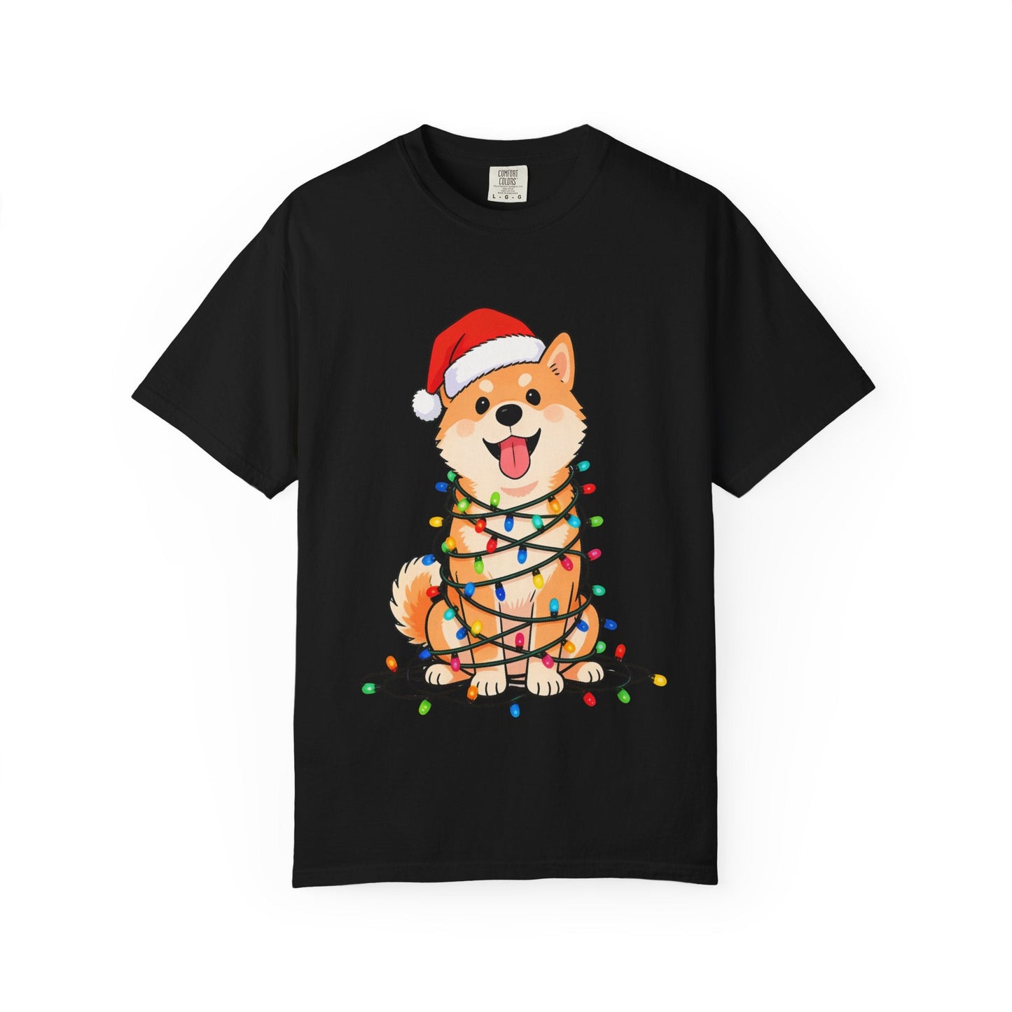 Festive Fuzzy Glow: Holiday Shiba Delight, Digital Christmas Illustration T-shirt – Custom T-Shirt by PixelCraft360, unique decoration for events and special gifts