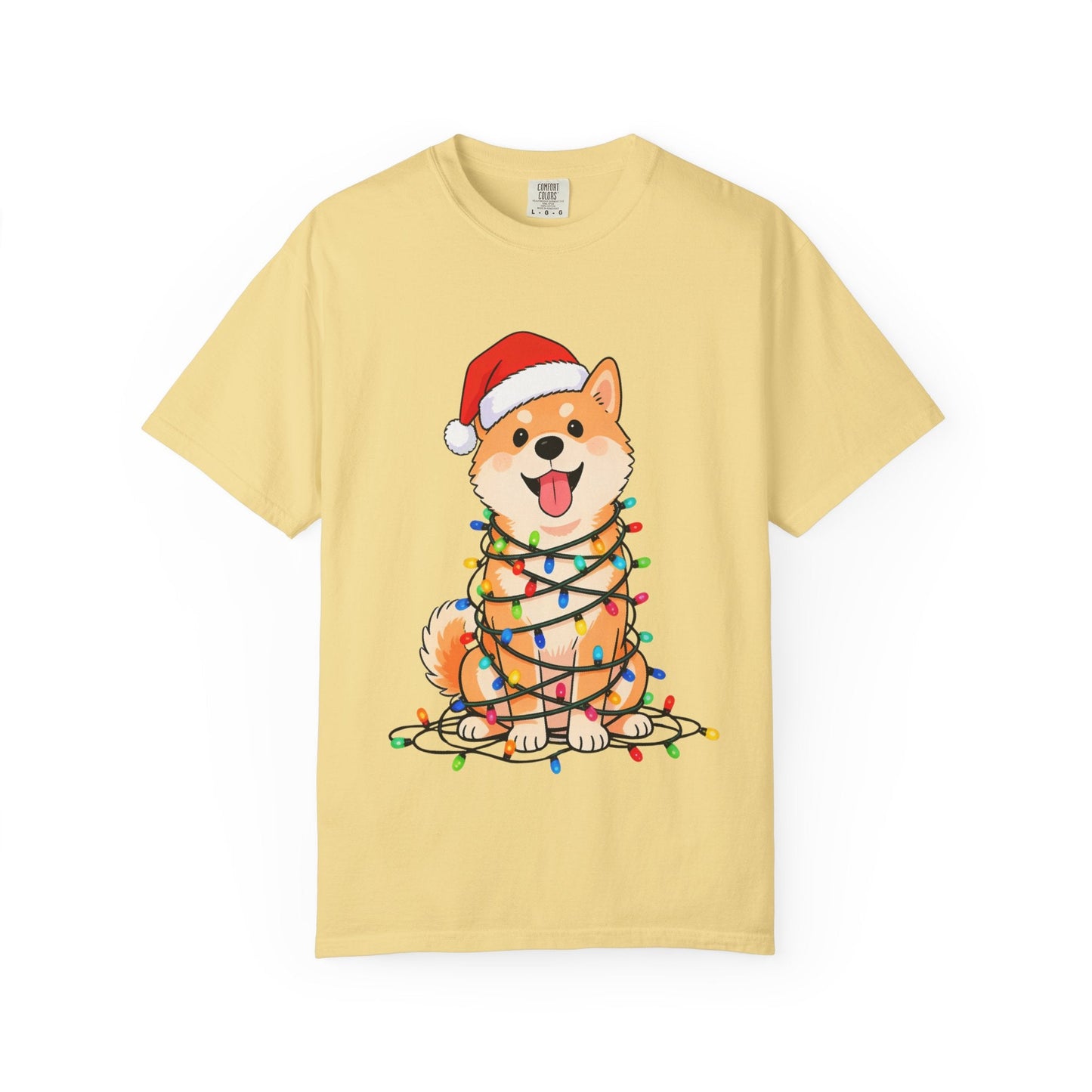 Festive Fuzzy Glow: Holiday Shiba Delight, Digital Christmas Illustration T-shirt – Custom T-Shirt by PixelCraft360, unique decoration for events and special gifts