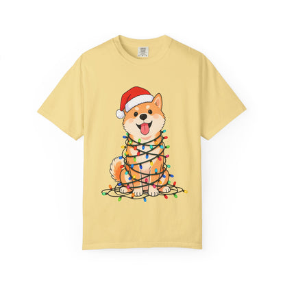 Festive Fuzzy Glow: Holiday Shiba Delight, Digital Christmas Illustration T-shirt – Custom T-Shirt by PixelCraft360, unique decoration for events and special gifts