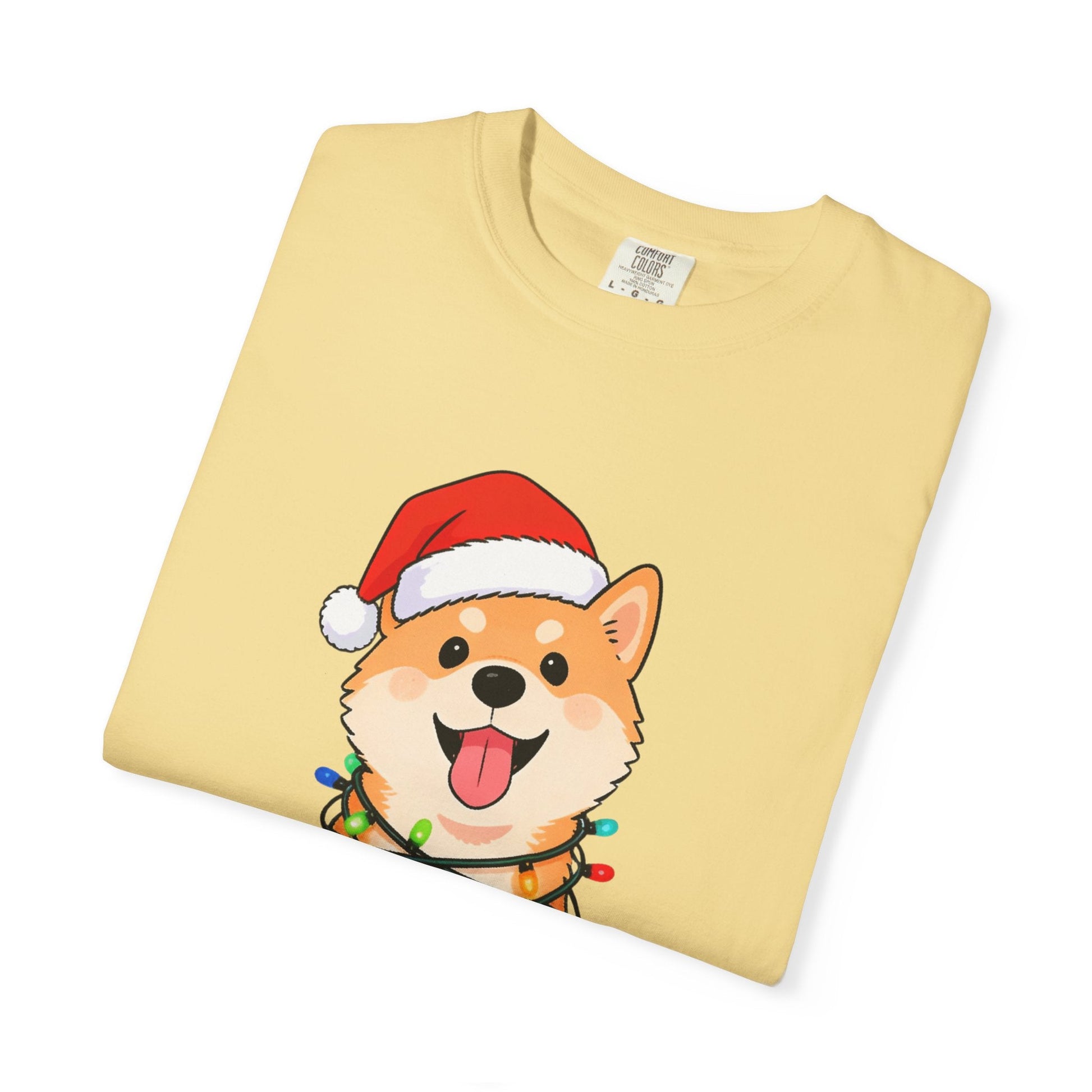 Festive Fuzzy Glow: Holiday Shiba Delight, Digital Christmas Illustration T-shirt – Custom T-Shirt by PixelCraft360, unique decoration for events and special gifts
