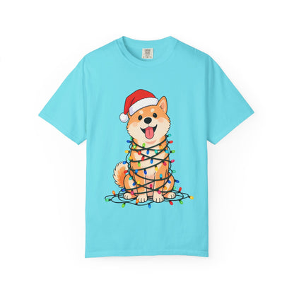 Festive Fuzzy Glow: Holiday Shiba Delight, Digital Christmas Illustration T-shirt – Custom T-Shirt by PixelCraft360, unique decoration for events and special gifts