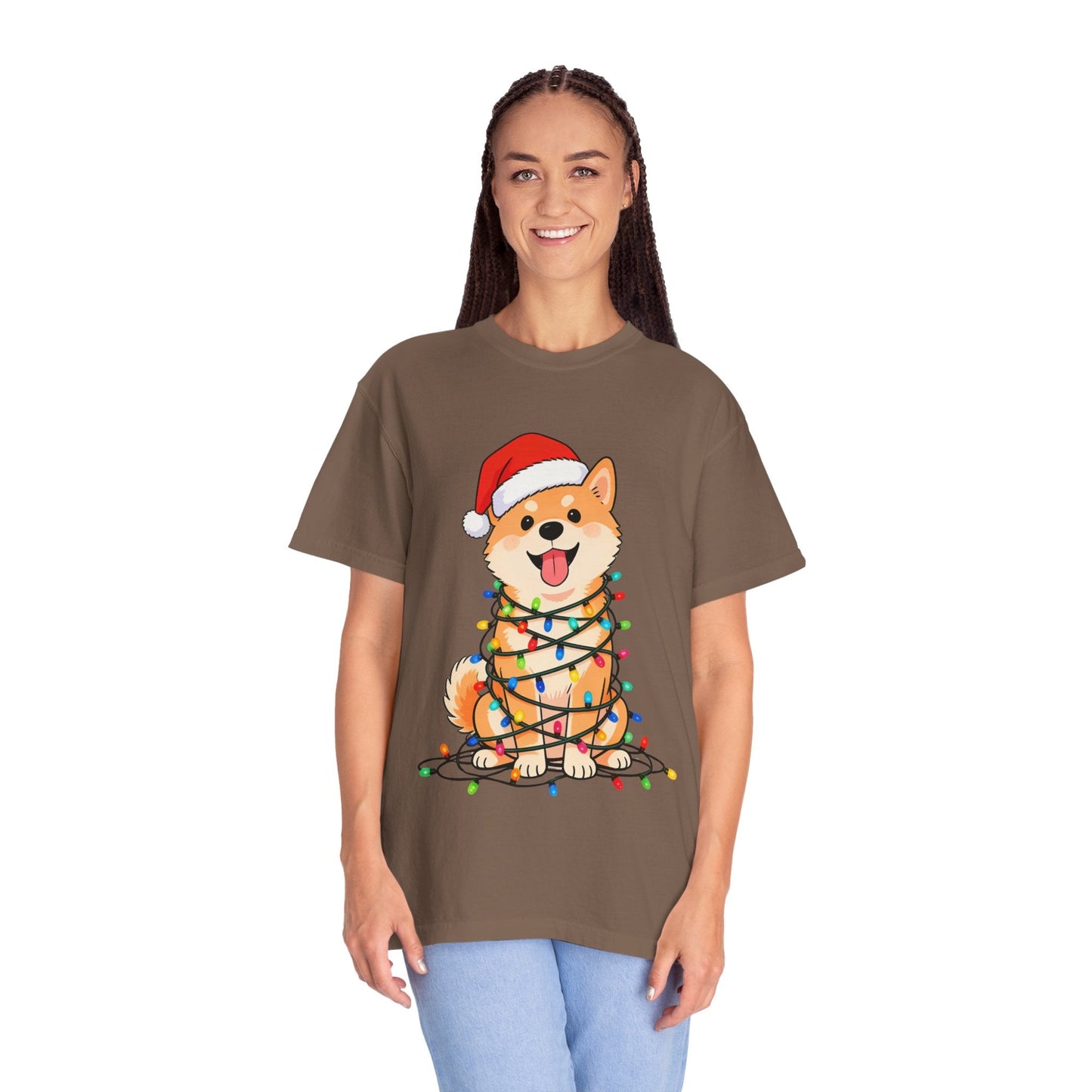 Festive Fuzzy Glow: Holiday Shiba Delight, Digital Christmas Illustration T-shirt – Custom T-Shirt by PixelCraft360, unique decoration for events and special gifts