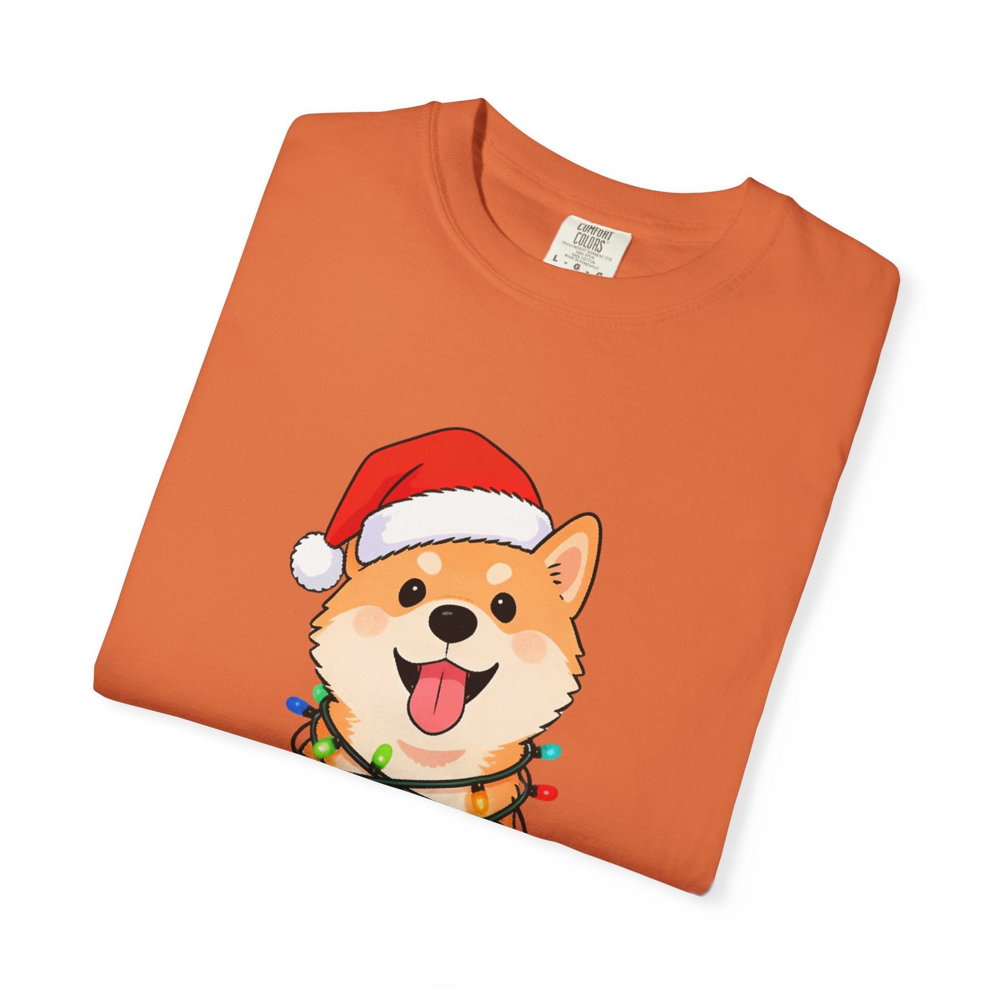Festive Fuzzy Glow: Holiday Shiba Delight, Digital Christmas Illustration T-shirt – Custom T-Shirt by PixelCraft360, unique decoration for events and special gifts