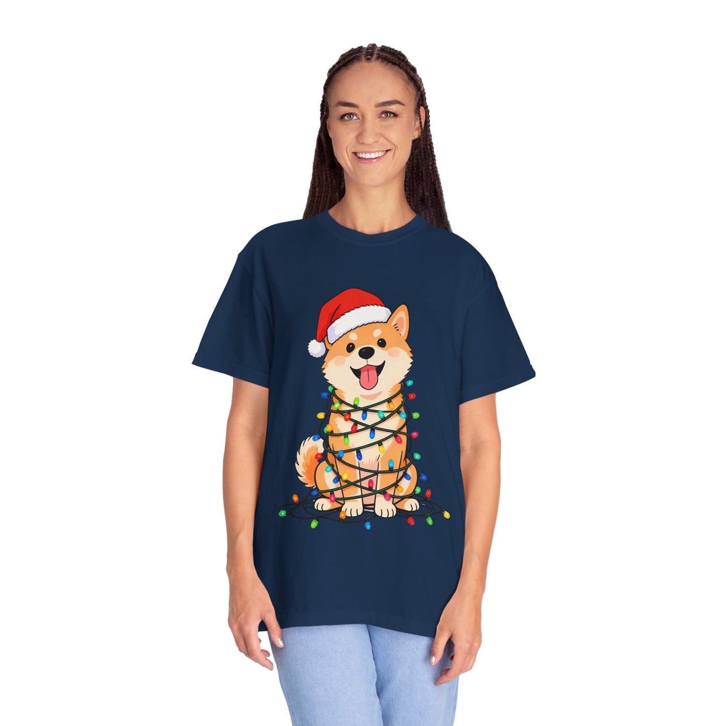 Festive Fuzzy Glow: Holiday Shiba Delight, Digital Christmas Illustration T-shirt – Custom T-Shirt by PixelCraft360, unique decoration for events and special gifts