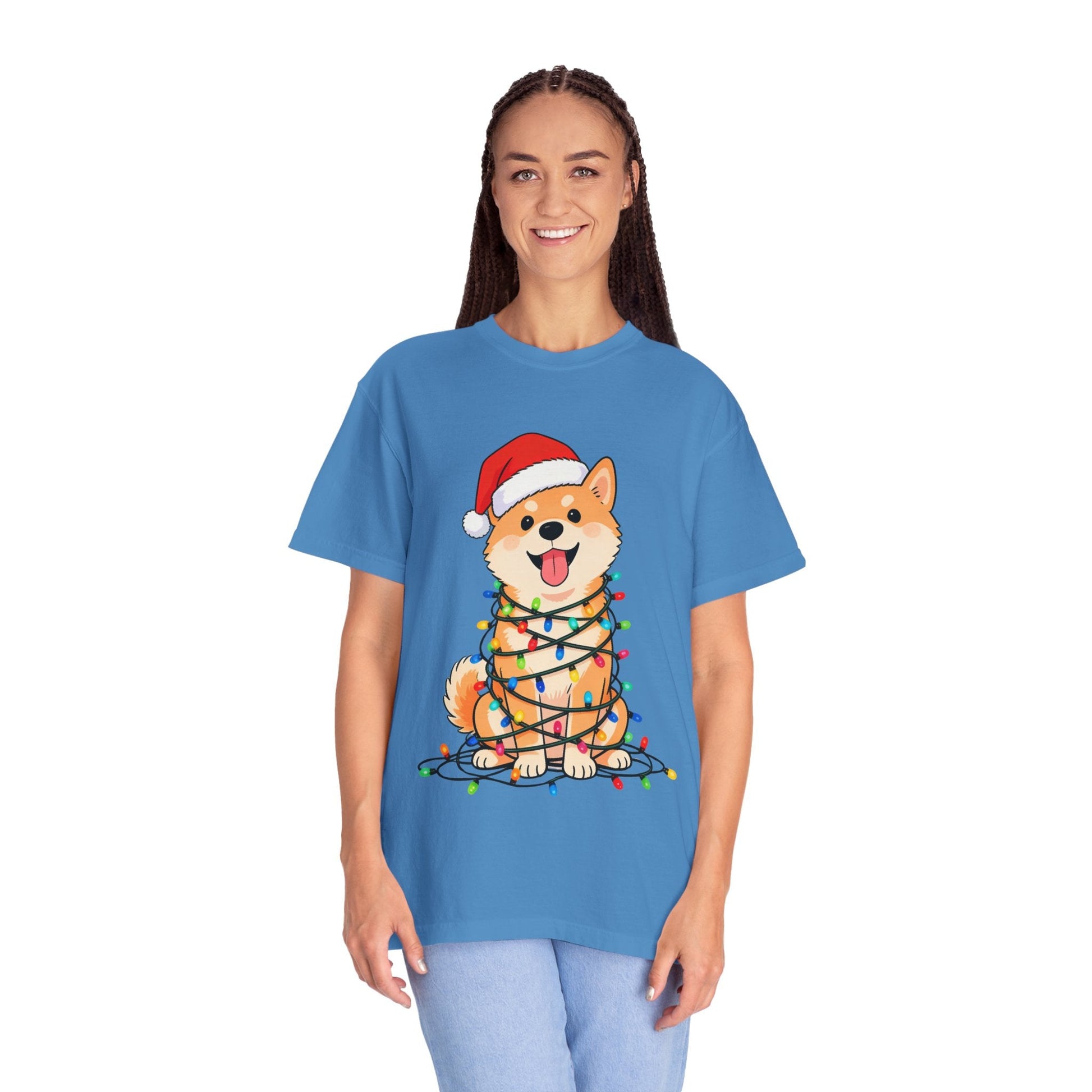 Festive Fuzzy Glow: Holiday Shiba Delight, Digital Christmas Illustration T-shirt – Custom T-Shirt by PixelCraft360, unique decoration for events and special gifts