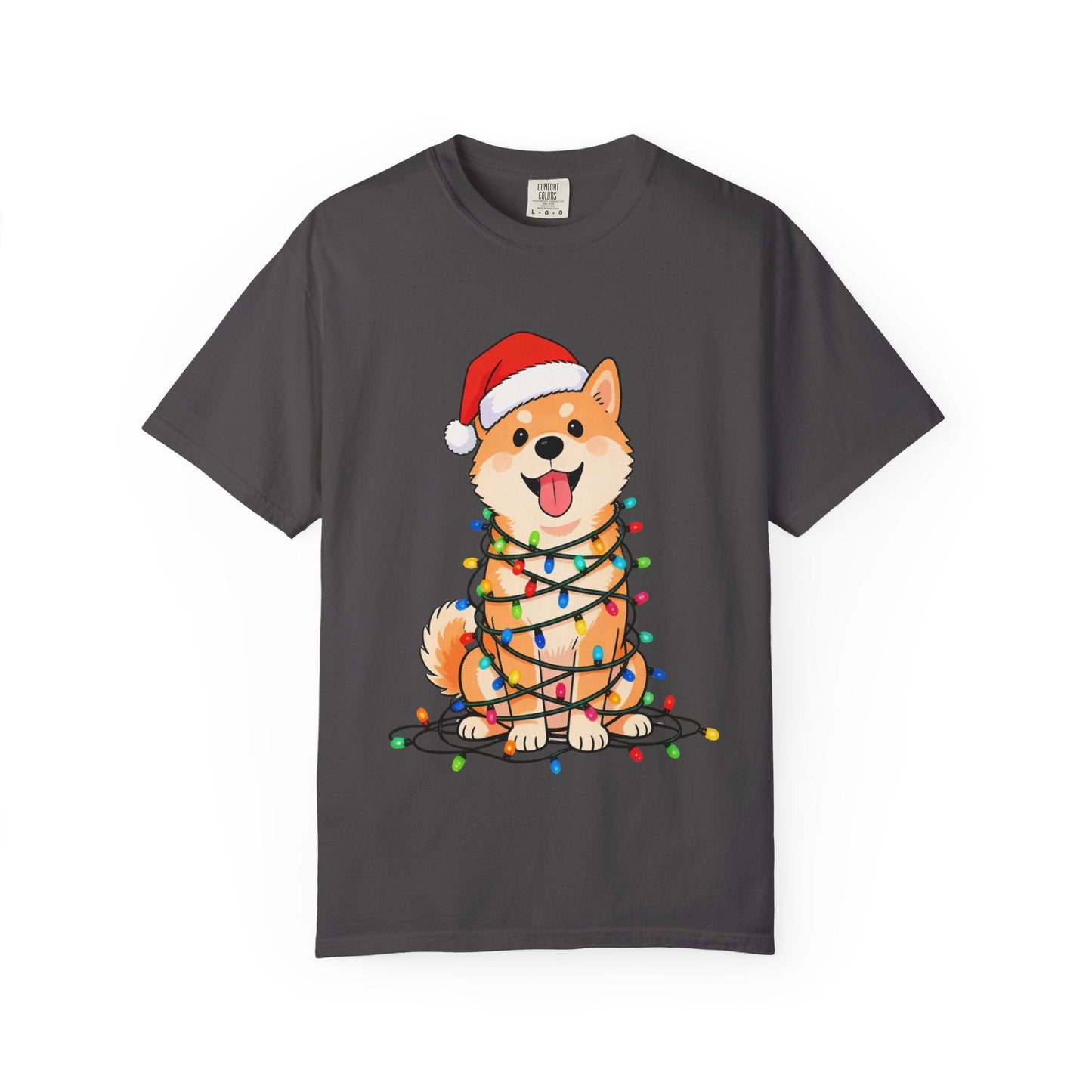 Festive Fuzzy Glow: Holiday Shiba Delight, Digital Christmas Illustration T-shirt – Custom T-Shirt by PixelCraft360, unique decoration for events and special gifts