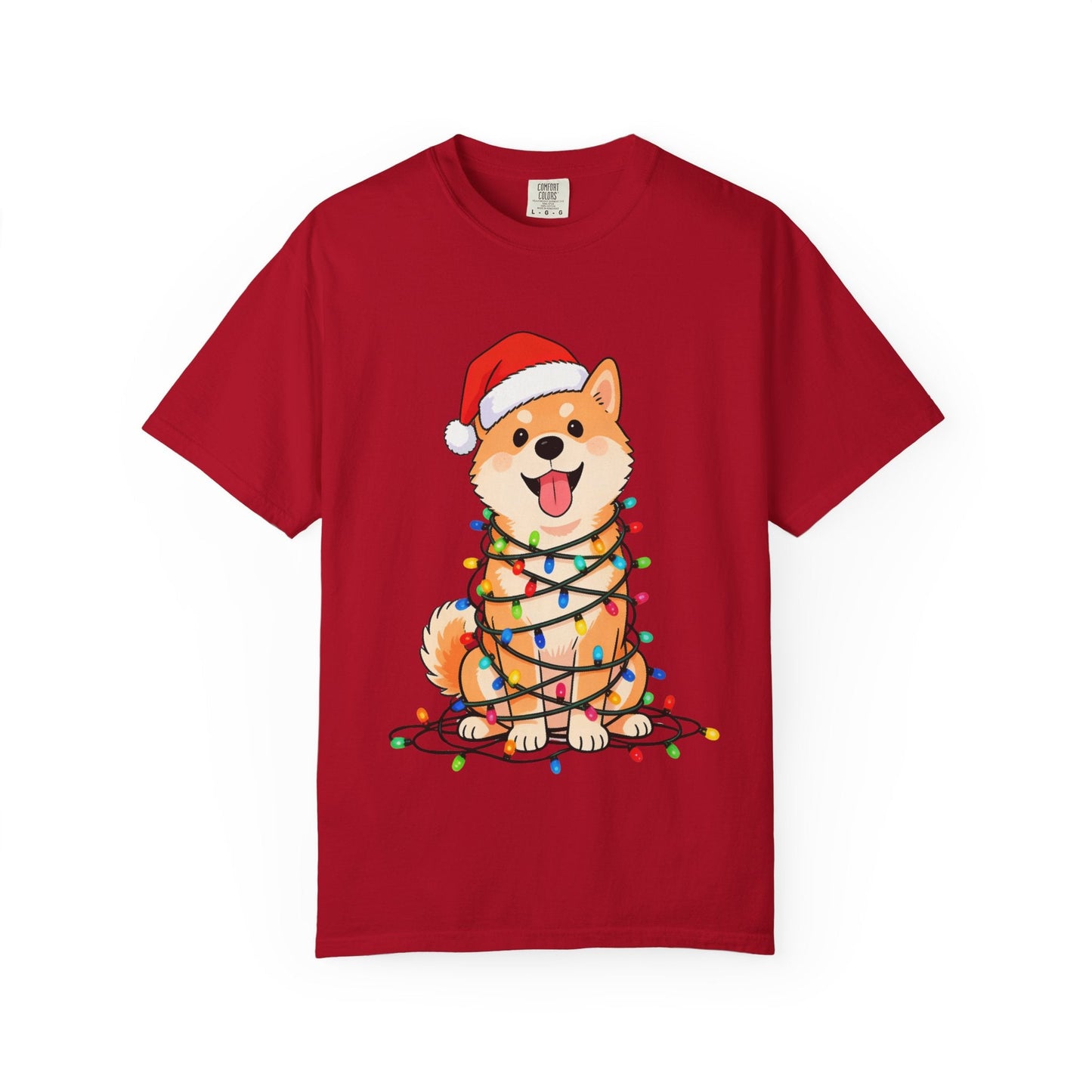 Festive Fuzzy Glow: Holiday Shiba Delight, Digital Christmas Illustration T-shirt – Custom T-Shirt by PixelCraft360, unique decoration for events and special gifts