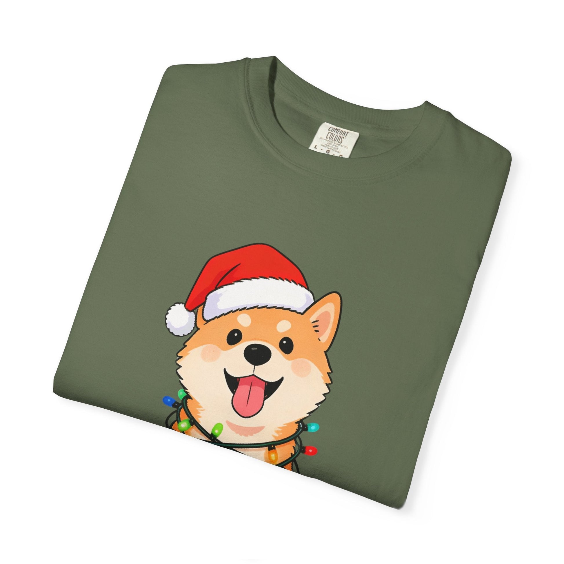 Festive Fuzzy Glow: Holiday Shiba Delight, Digital Christmas Illustration T-shirt – Custom T-Shirt by PixelCraft360, unique decoration for events and special gifts