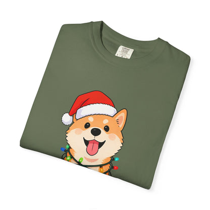 Festive Fuzzy Glow: Holiday Shiba Delight, Digital Christmas Illustration T-shirt – Custom T-Shirt by PixelCraft360, unique decoration for events and special gifts