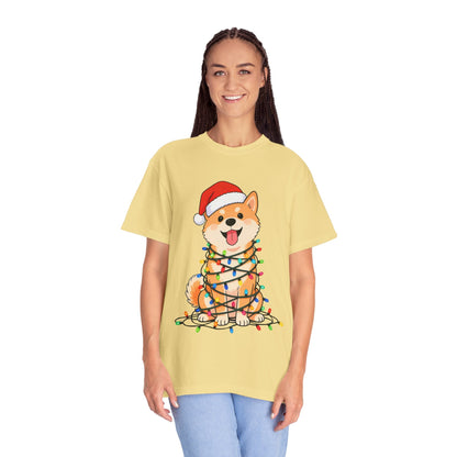 Festive Fuzzy Glow: Holiday Shiba Delight, Digital Christmas Illustration T-shirt – Custom T-Shirt by PixelCraft360, unique decoration for events and special gifts