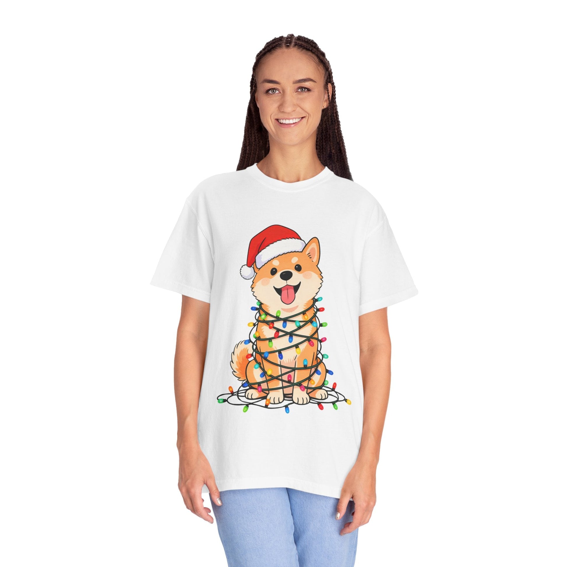 Festive Fuzzy Glow: Holiday Shiba Delight, Digital Christmas Illustration T-shirt – Custom T-Shirt by PixelCraft360, unique decoration for events and special gifts