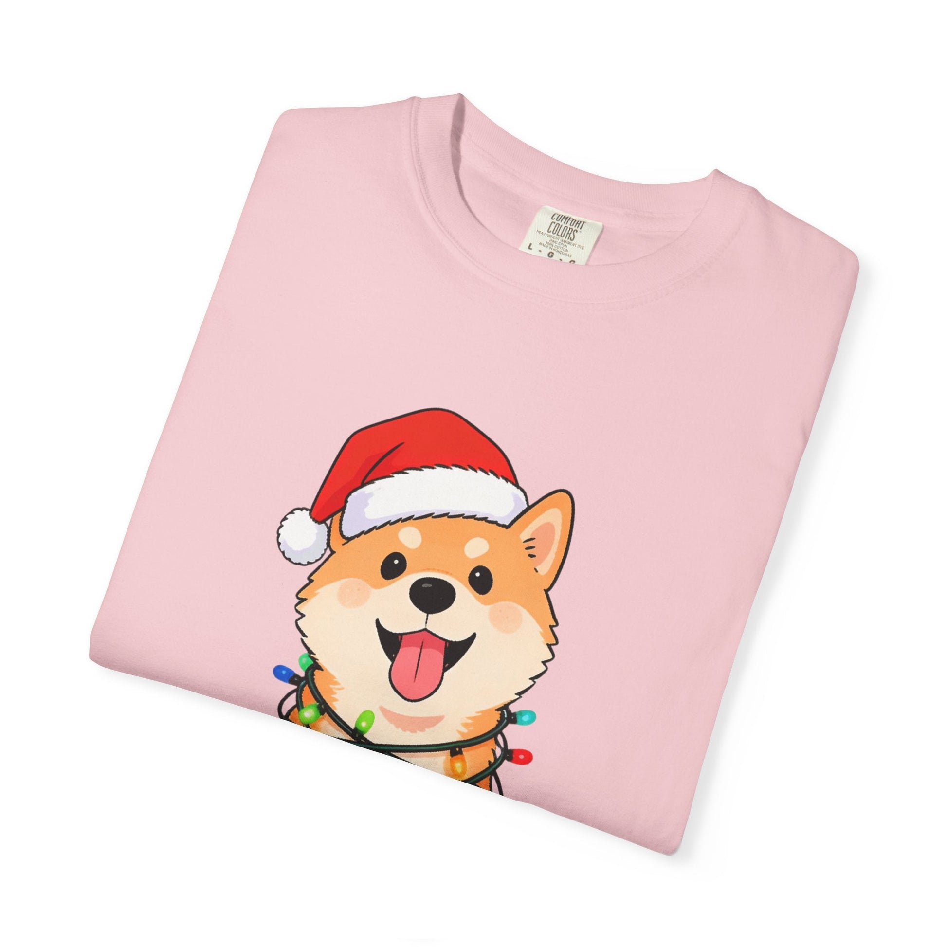 Festive Fuzzy Glow: Holiday Shiba Delight, Digital Christmas Illustration T-shirt – Custom T-Shirt by PixelCraft360, unique decoration for events and special gifts