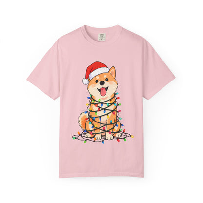 Festive Fuzzy Glow: Holiday Shiba Delight, Digital Christmas Illustration T-shirt – Custom T-Shirt by PixelCraft360, unique decoration for events and special gifts