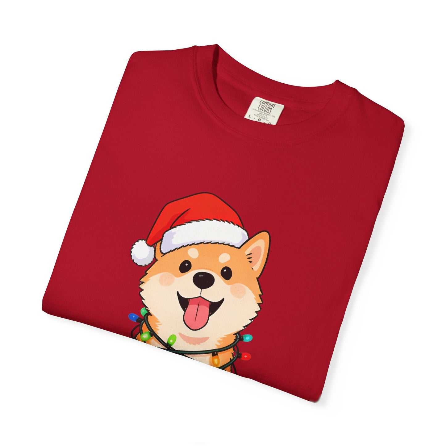 Festive Fuzzy Glow: Holiday Shiba Delight, Digital Christmas Illustration T-shirt – Custom T-Shirt by PixelCraft360, unique decoration for events and special gifts