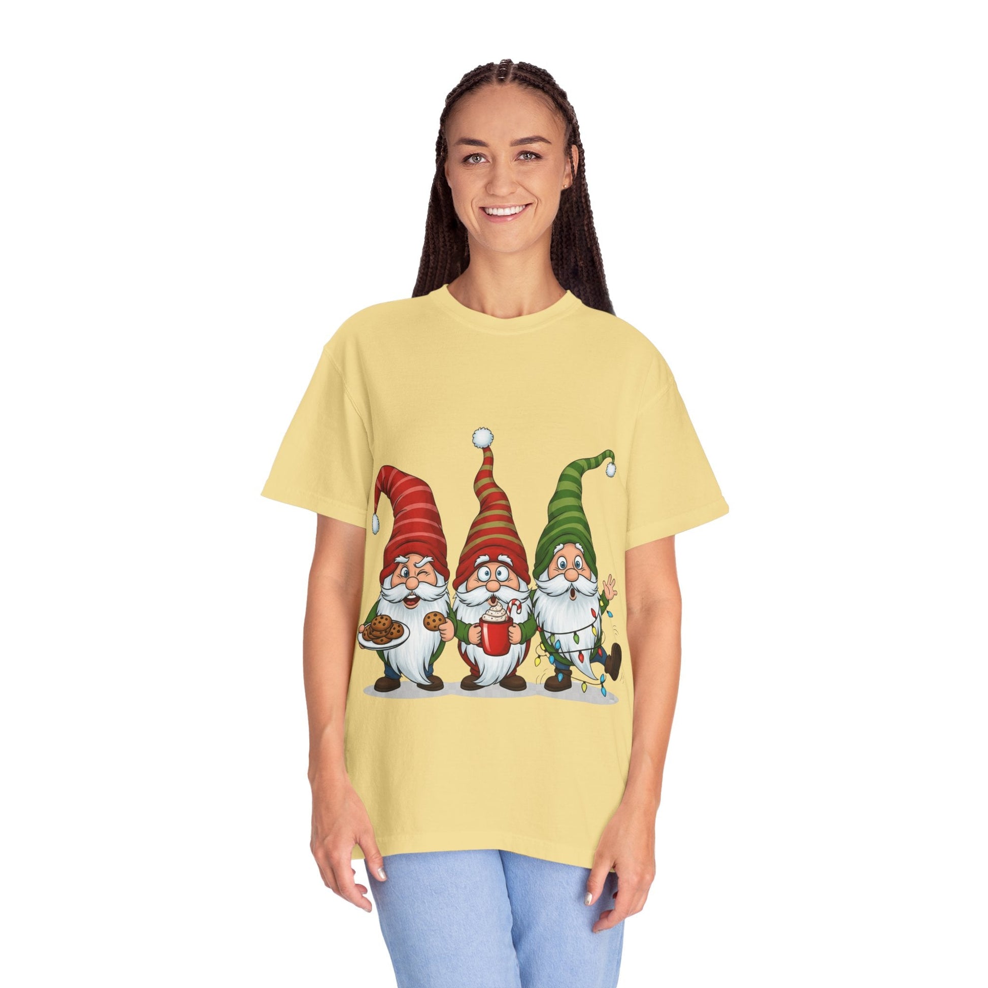 Festive Gnome Jamboree: Whimsical Christmas Gnomes, Cartoon Holiday IllustrationT-Shirt – Custom T-Shirt by PixelCraft360, unique decoration for events and special gifts