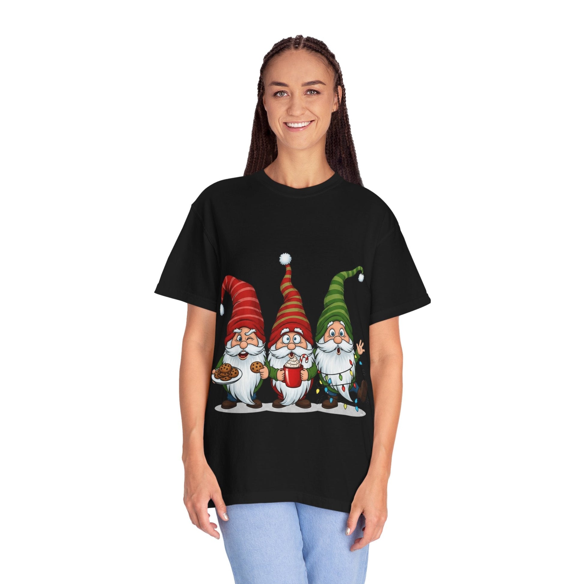 Festive Gnome Jamboree: Whimsical Christmas Gnomes, Cartoon Holiday IllustrationT-Shirt – Custom T-Shirt by PixelCraft360, unique decoration for events and special gifts