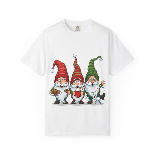 Festive Gnome Jamboree: Whimsical Christmas Gnomes, Cartoon Holiday IllustrationT-Shirt – Custom T-Shirt by PixelCraft360, unique decoration for events and special gifts
