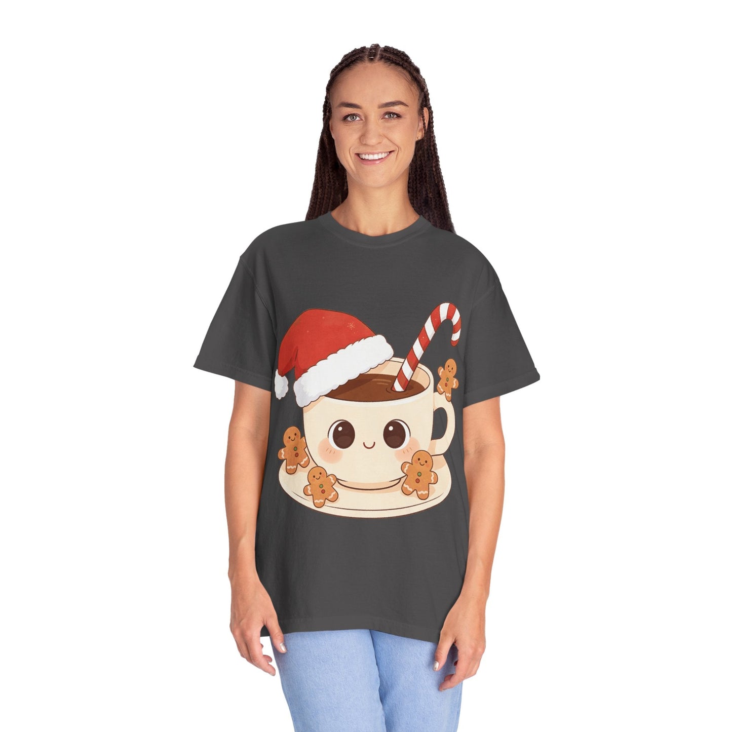 Festive Kawaii Café Companions: Cozy Christmas Cartoon, Cute Gingerbread Holiday SceneT-Shirt – Custom T-Shirt by PixelCraft360, unique decoration for events and special gifts