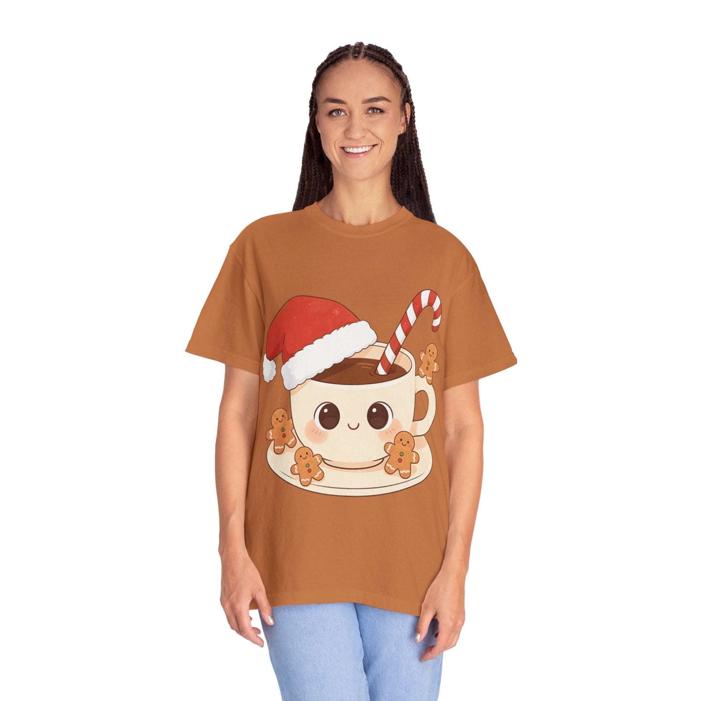 Festive Kawaii Café Companions: Cozy Christmas Cartoon, Cute Gingerbread Holiday SceneT-Shirt – Custom T-Shirt by PixelCraft360, unique decoration for events and special gifts