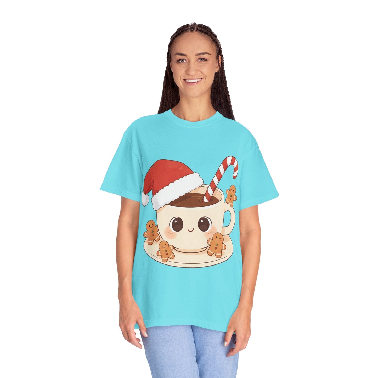 Festive Kawaii Café Companions: Cozy Christmas Cartoon, Cute Gingerbread Holiday SceneT-Shirt – Custom T-Shirt by PixelCraft360, unique decoration for events and special gifts