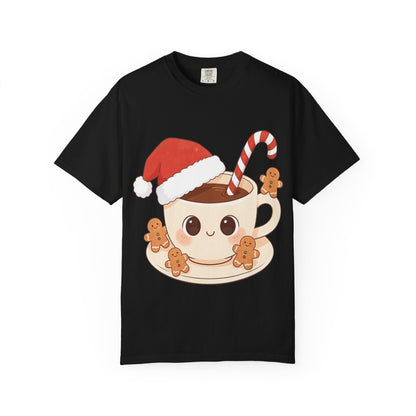 Festive Kawaii Café Companions: Cozy Christmas Cartoon, Cute Gingerbread Holiday SceneT-Shirt – Custom T-Shirt by PixelCraft360, unique decoration for events and special gifts