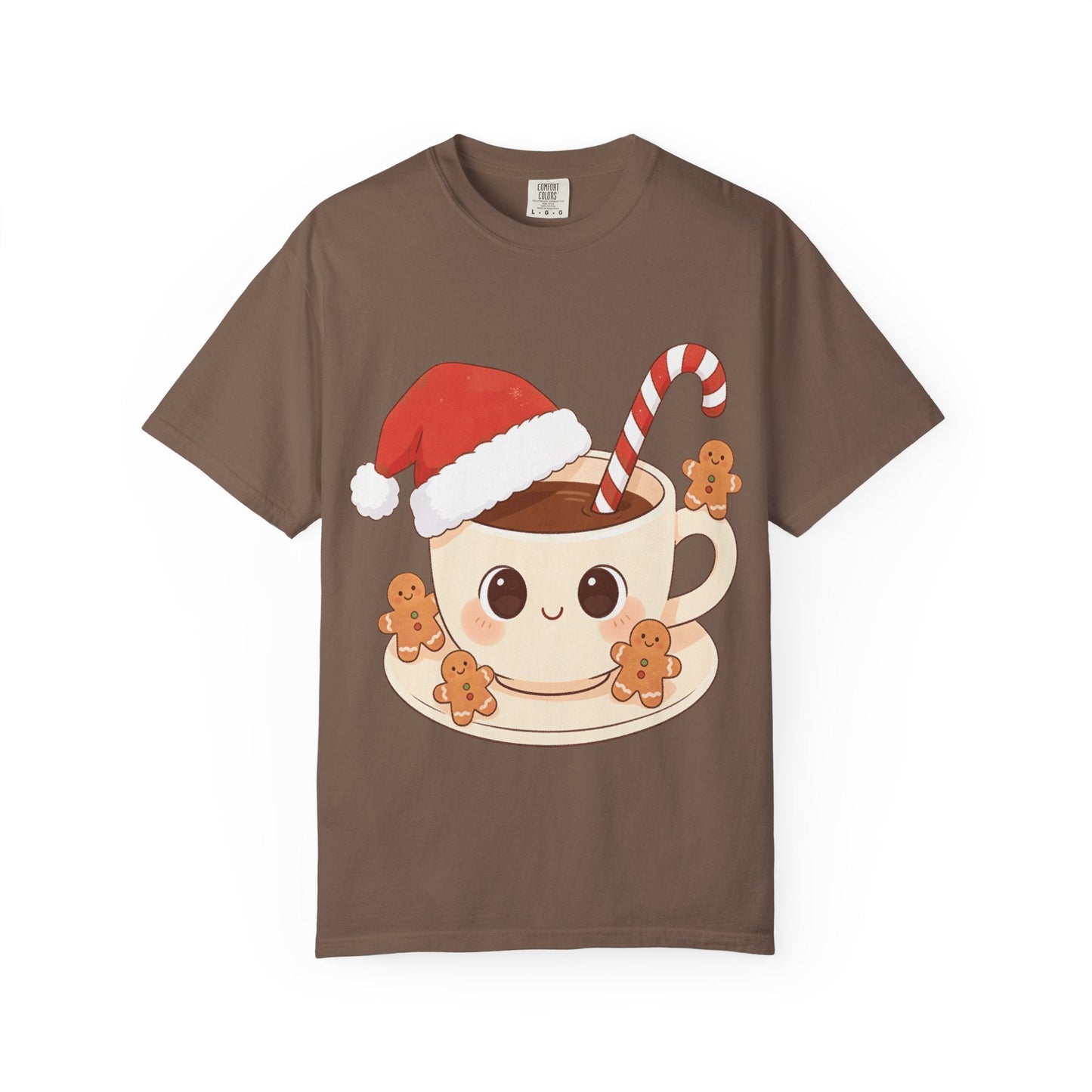 Festive Kawaii Café Companions: Cozy Christmas Cartoon, Cute Gingerbread Holiday SceneT-Shirt – Custom T-Shirt by PixelCraft360, unique decoration for events and special gifts