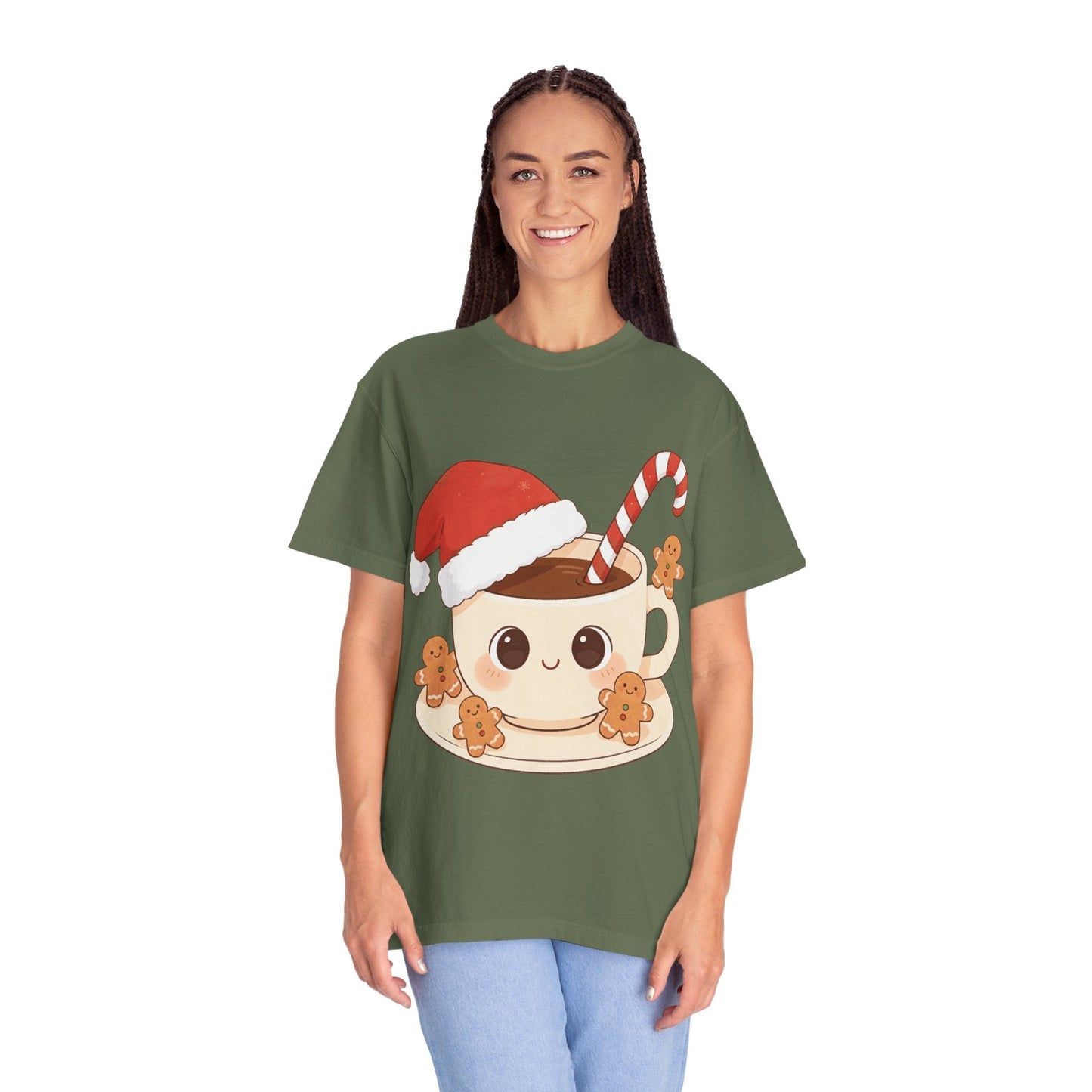 Festive Kawaii Café Companions: Cozy Christmas Cartoon, Cute Gingerbread Holiday SceneT-Shirt – Custom T-Shirt by PixelCraft360, unique decoration for events and special gifts