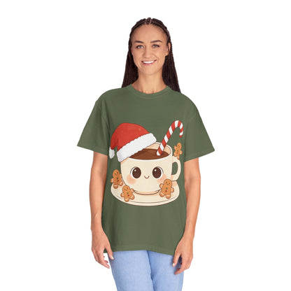 Festive Kawaii Café Companions: Cozy Christmas Cartoon, Cute Gingerbread Holiday SceneT-Shirt – Custom T-Shirt by PixelCraft360, unique decoration for events and special gifts
