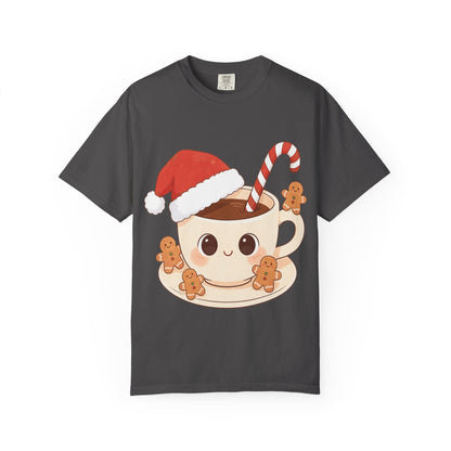 Festive Kawaii Café Companions: Cozy Christmas Cartoon, Cute Gingerbread Holiday SceneT-Shirt – Custom T-Shirt by PixelCraft360, unique decoration for events and special gifts