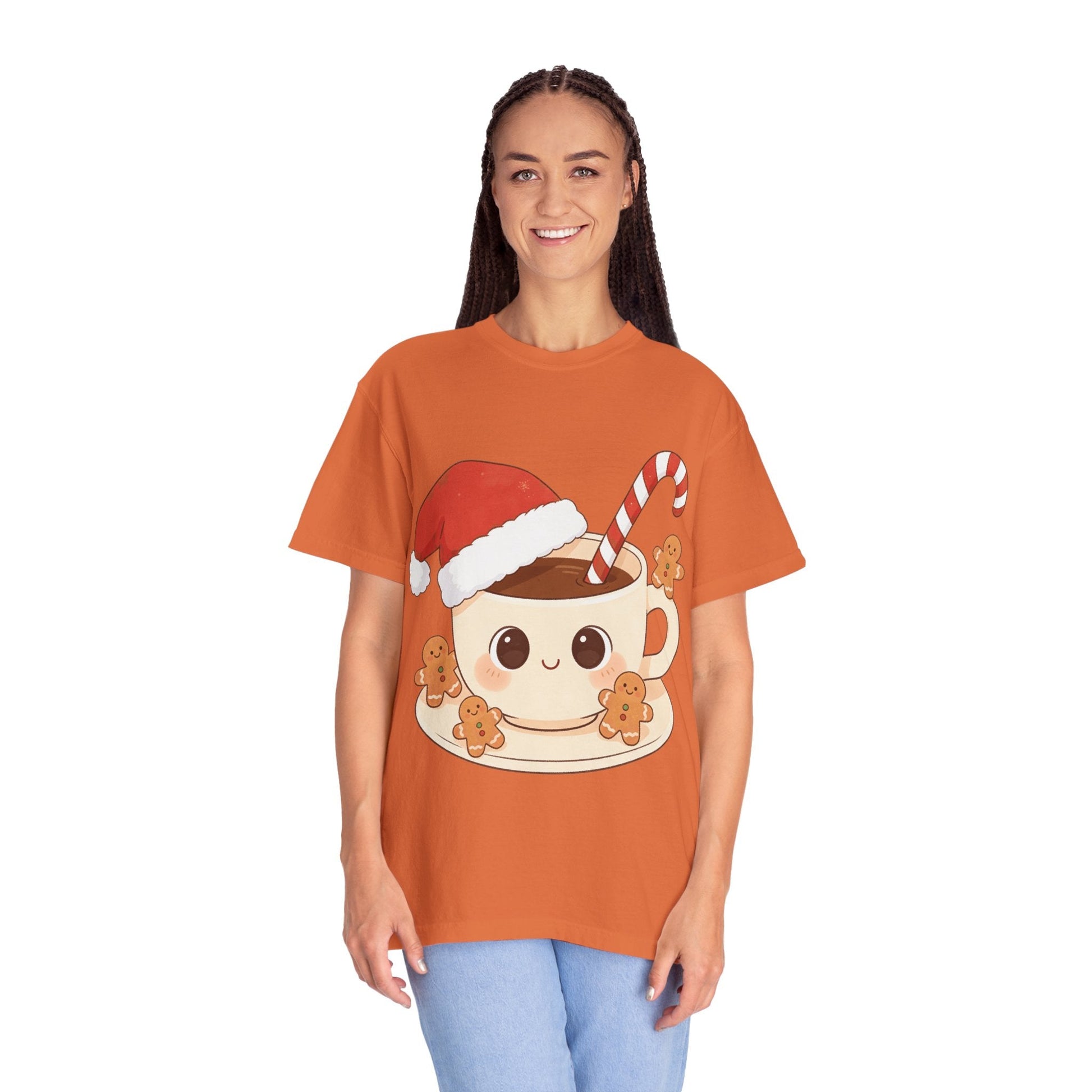 Festive Kawaii Café Companions: Cozy Christmas Cartoon, Cute Gingerbread Holiday SceneT-Shirt – Custom T-Shirt by PixelCraft360, unique decoration for events and special gifts