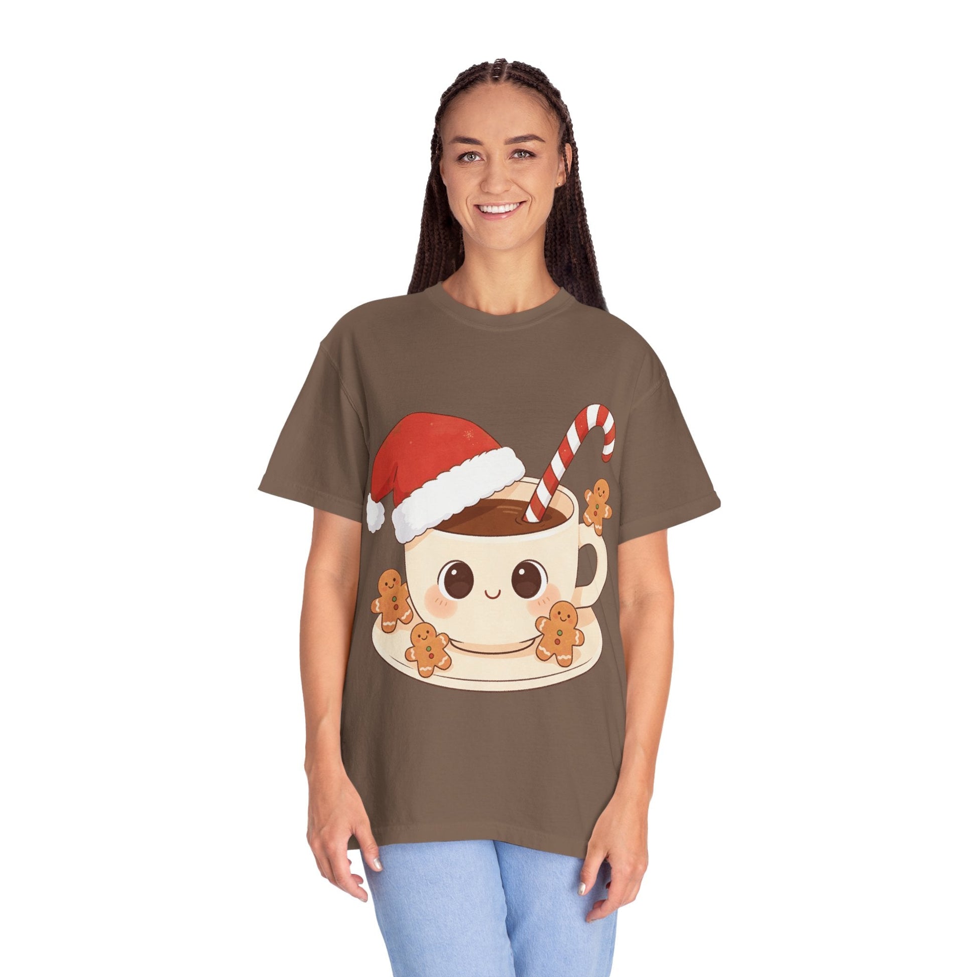 Festive Kawaii Café Companions: Cozy Christmas Cartoon, Cute Gingerbread Holiday SceneT-Shirt – Custom T-Shirt by PixelCraft360, unique decoration for events and special gifts
